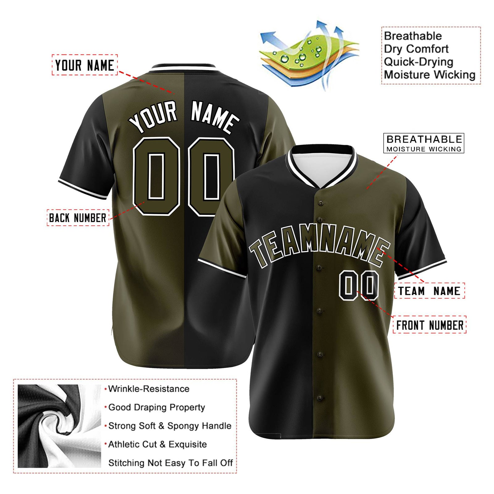 Custom Black Olive Authentic Split Fashion Baseball Jersey