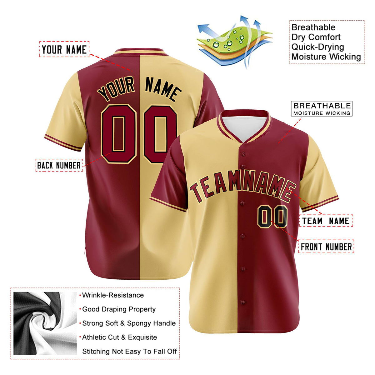 Custom Khaki Crimson Authentic Split Fashion Baseball Jersey
