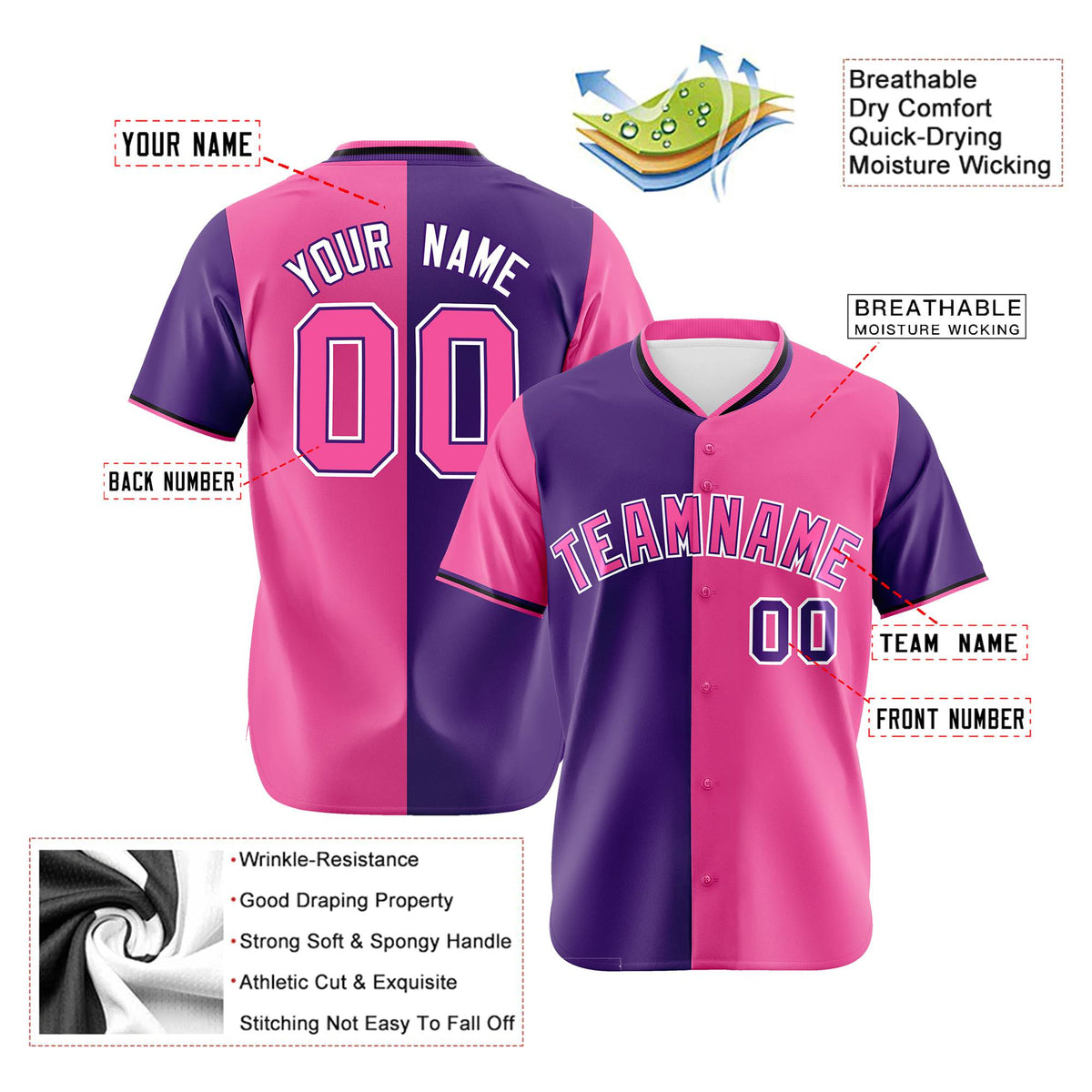 Custom Purple Pink Authentic Split Fashion Baseball Jersey