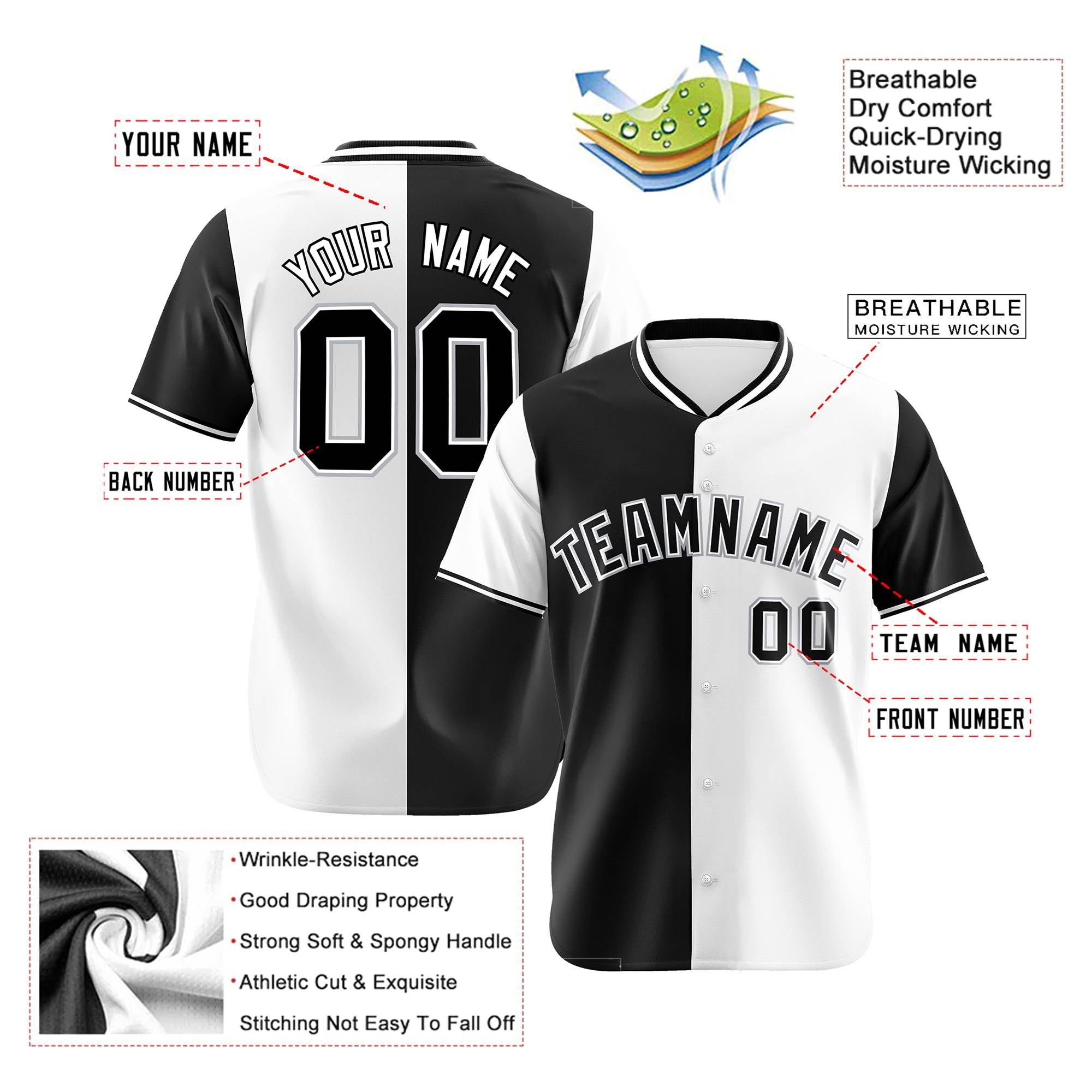 Custom Black White Authentic Split Fashion Baseball Jersey