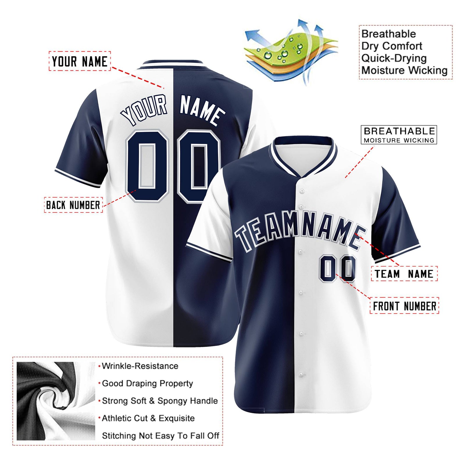 Custom Navy White Authentic Split Fashion Baseball Jersey