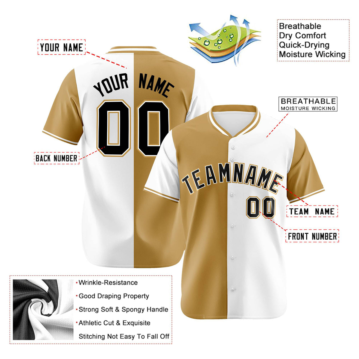 Custom Old Gold White Authentic Split Fashion Baseball Jersey