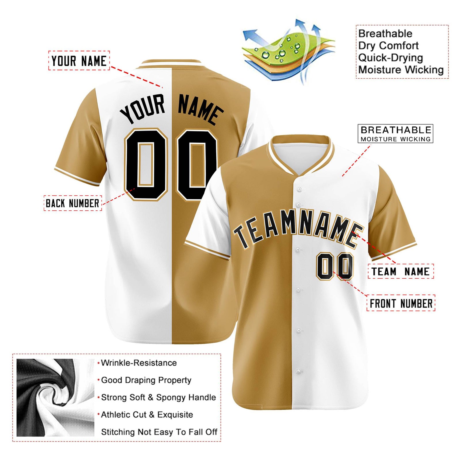 Custom Old Gold White Authentic Split Fashion Baseball Jersey