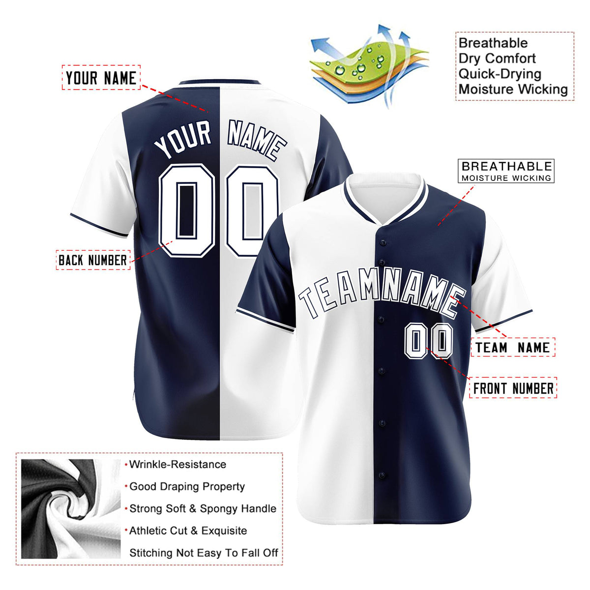 Custom White Navy Authentic Split Fashion Baseball Jersey