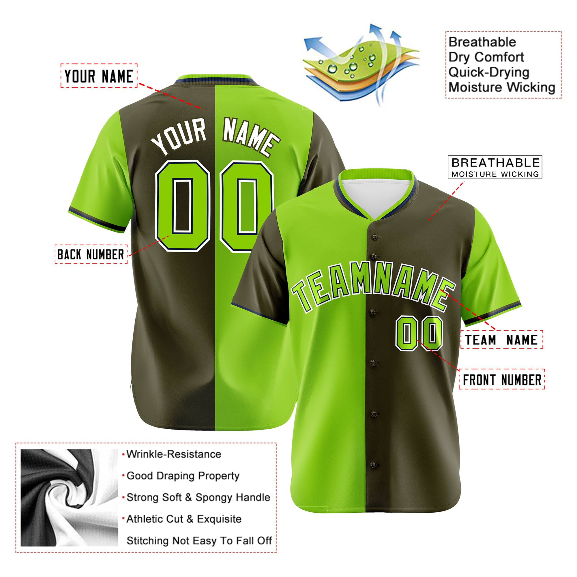 Custom Neon Green Olive Authentic Split Fashion Baseball Jersey