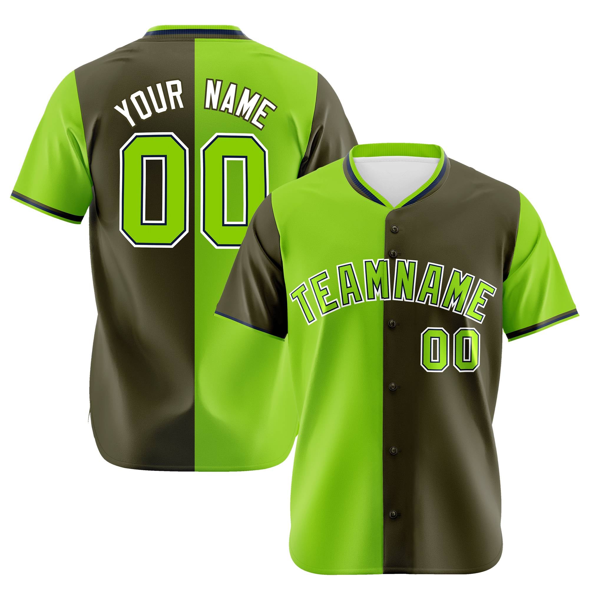 Custom Neon Green Olive Authentic Split Fashion Baseball Jersey