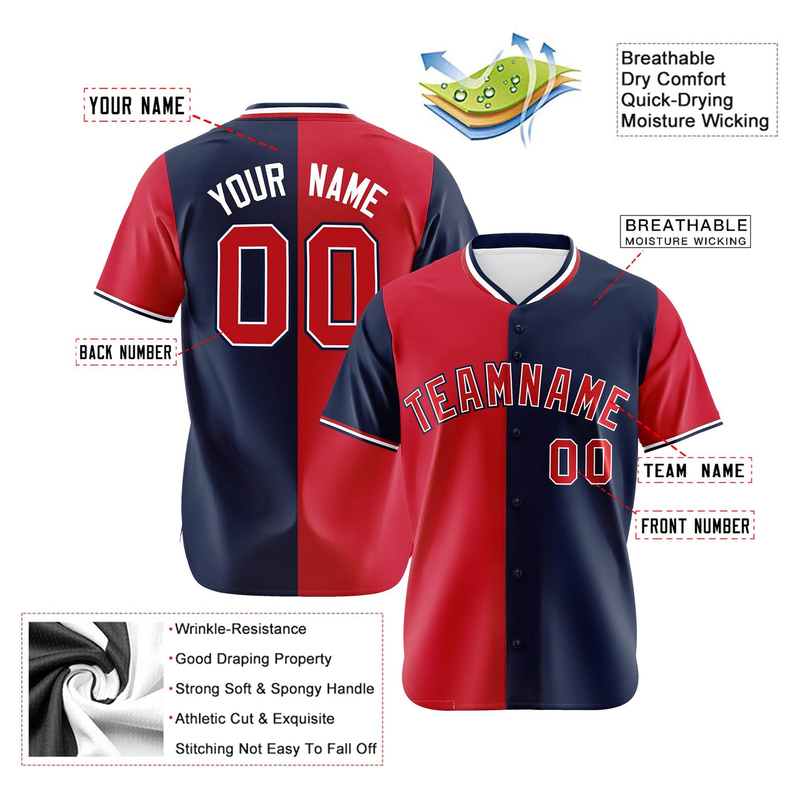 Custom Red Navy Authentic Split Fashion Baseball Jersey