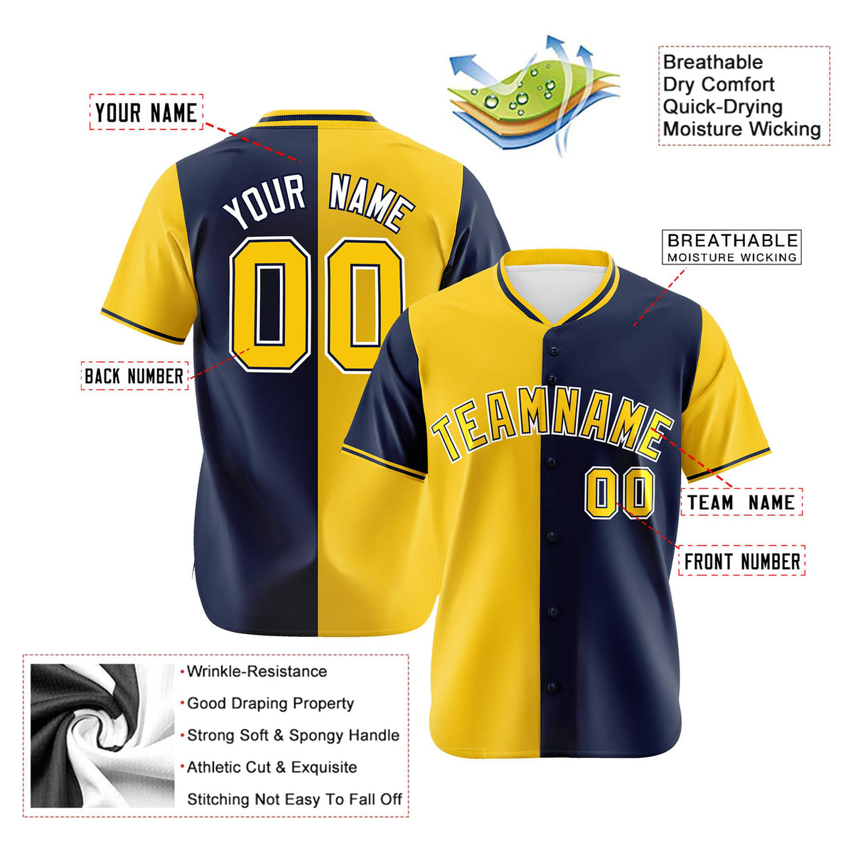 Custom Gold Navy Authentic Split Fashion Baseball Jersey