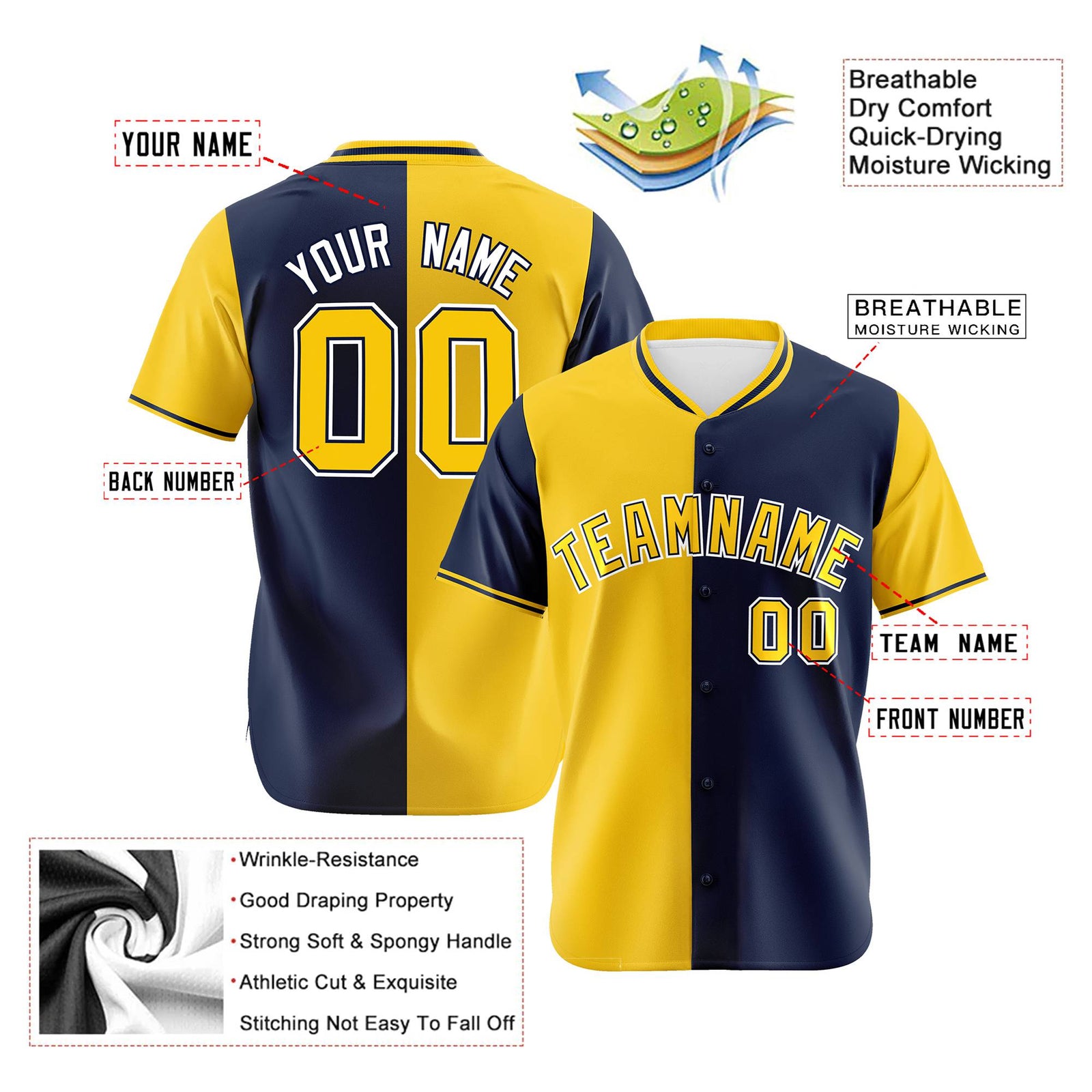 Custom Gold Navy Authentic Split Fashion Baseball Jersey