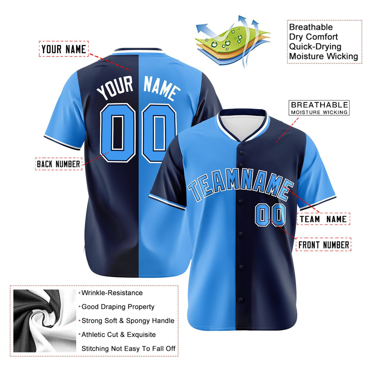 Custom Powder Blue Navy Authentic Split Fashion Baseball Jersey