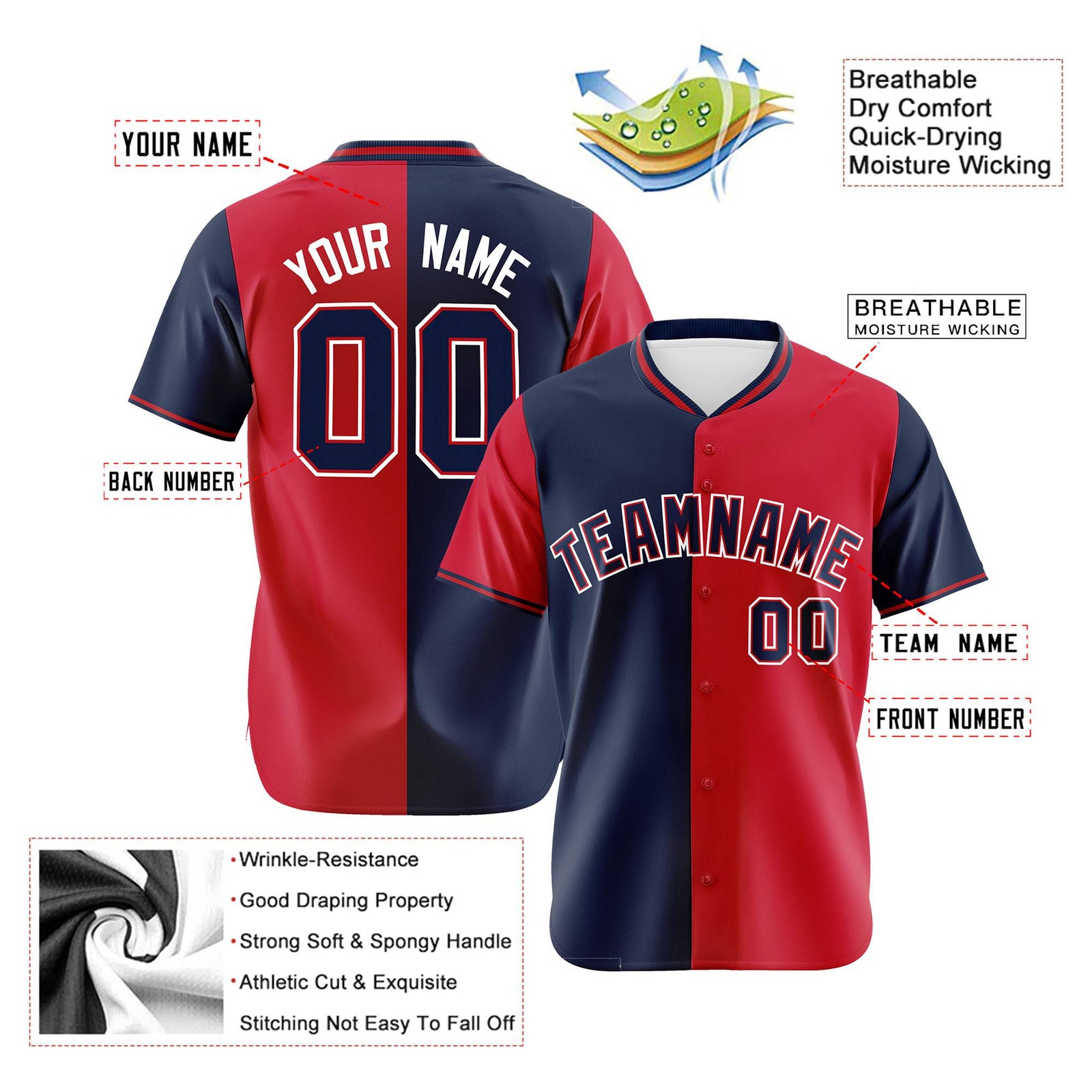 Custom Navy Red Authentic Split Fashion Baseball Jersey