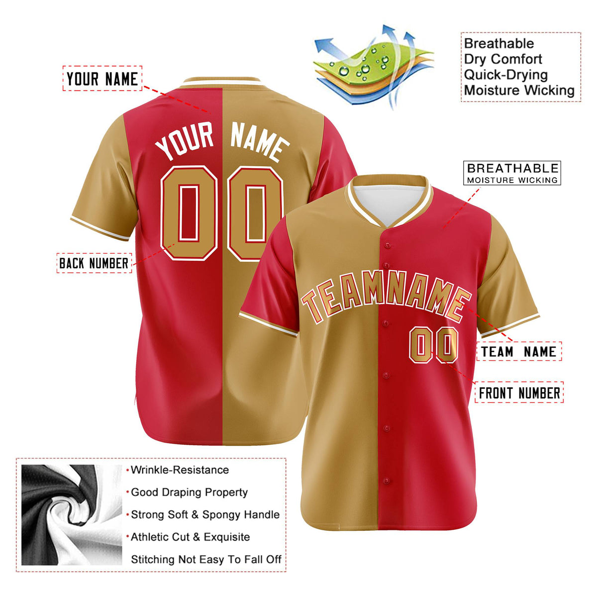 Custom Old Gold Red Authentic Split Fashion Baseball Jersey