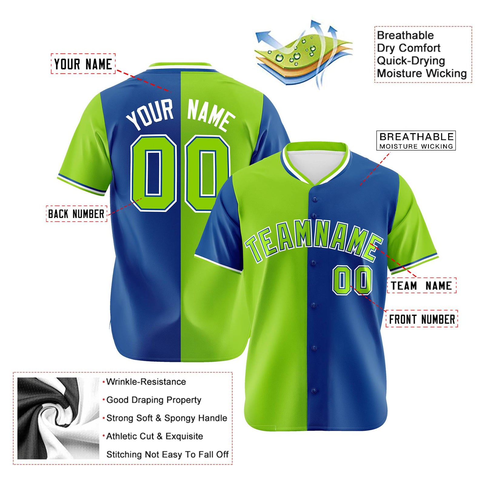 Custom Neon Green-Royal Blue Authentic Split Fashion Baseball Jersey