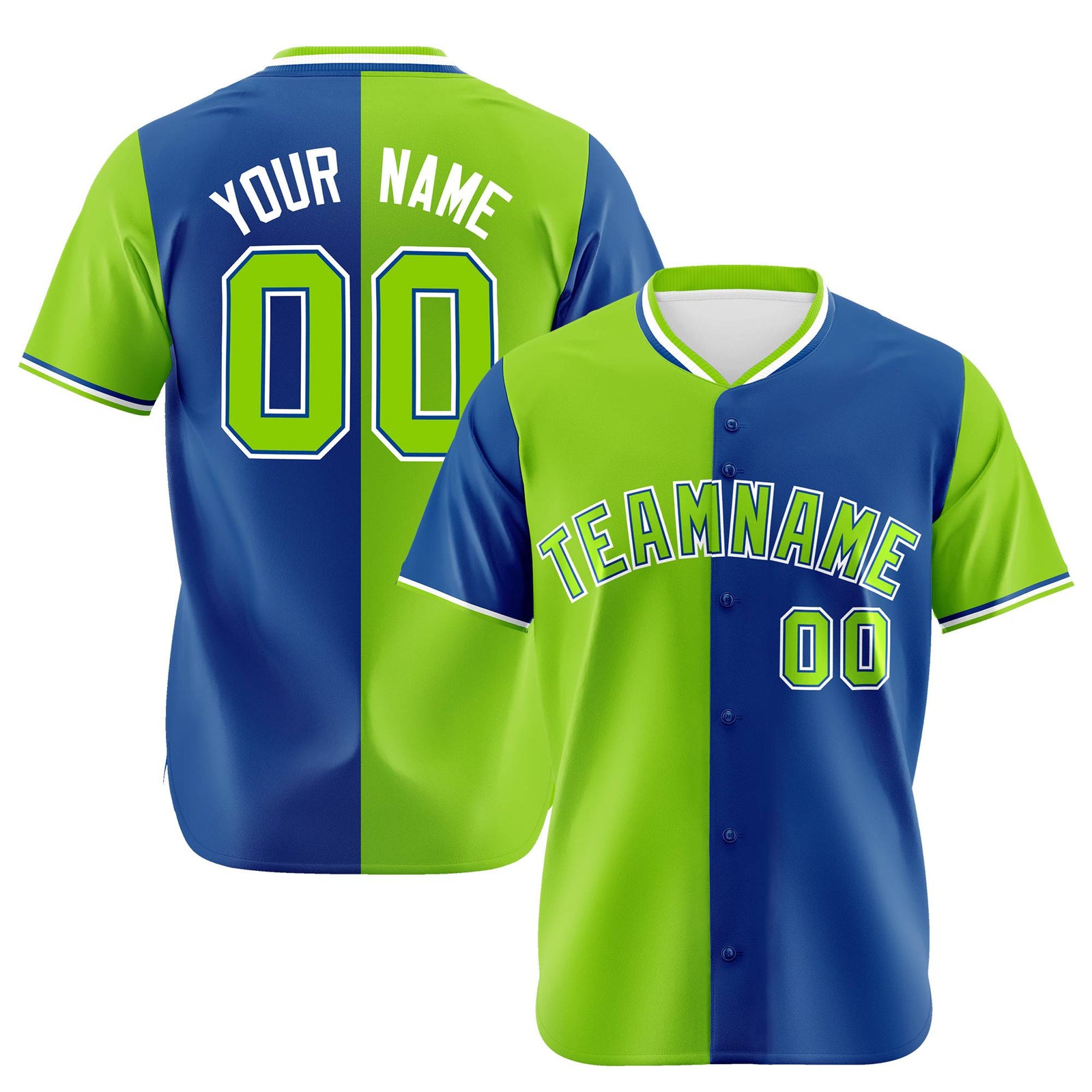 Custom Neon Green-Royal Blue Authentic Split Fashion Baseball Jersey