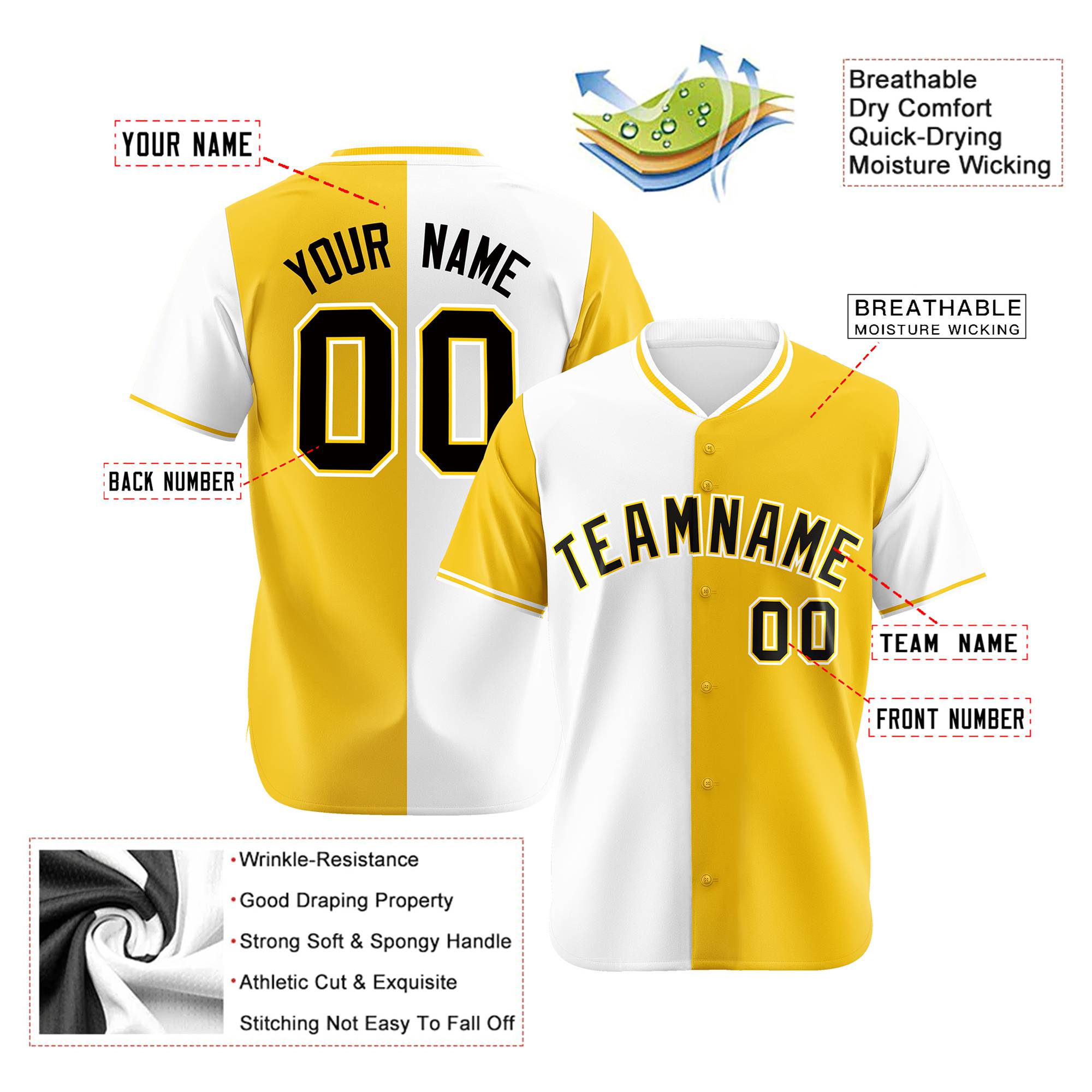 Custom White Gold Authentic Split Fashion Baseball Jersey