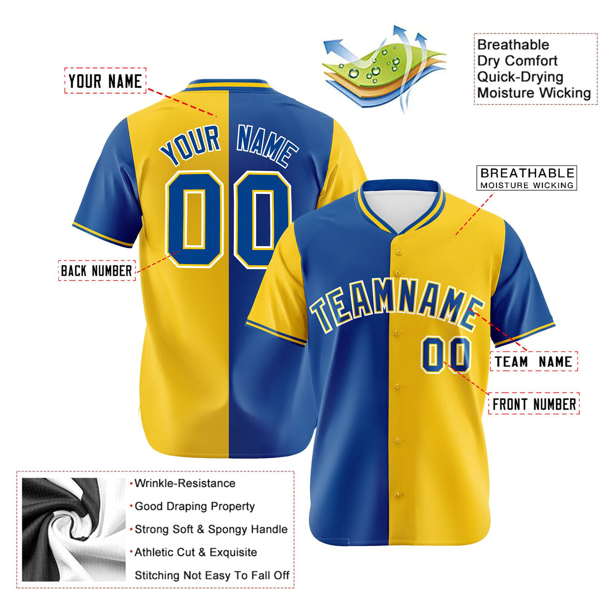 Custom Royal Blue Gold Authentic Split Fashion Baseball Jersey