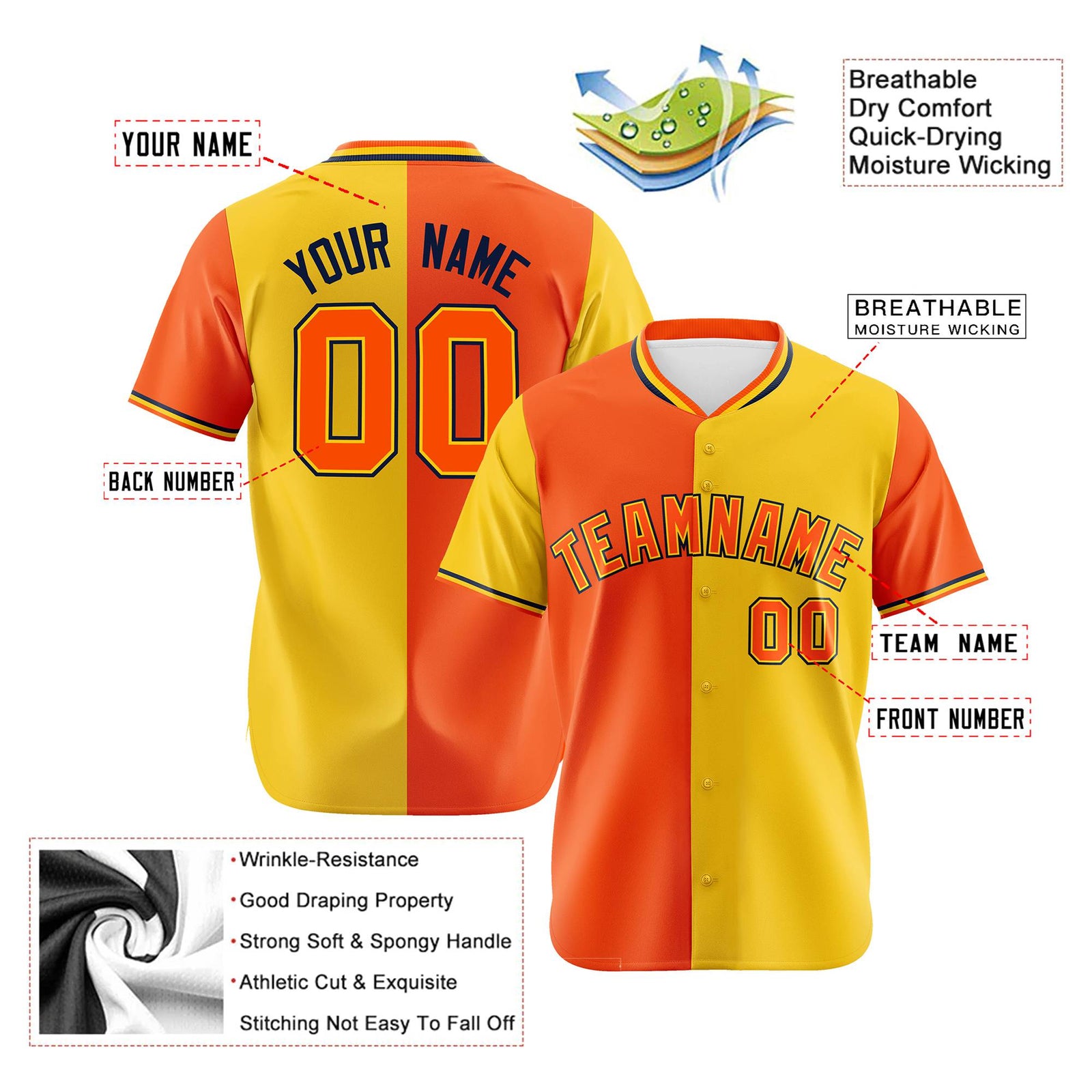 Custom Orange Gold Authentic Split Fashion Baseball Jersey