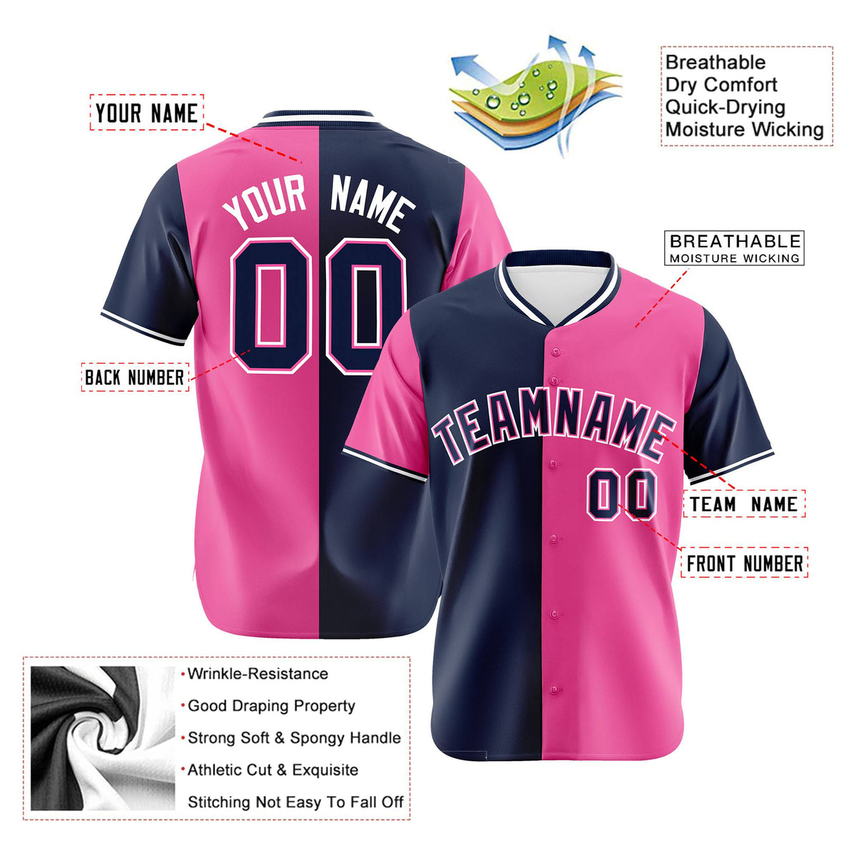 Custom Navy Pink Authentic Split Fashion Baseball Jersey