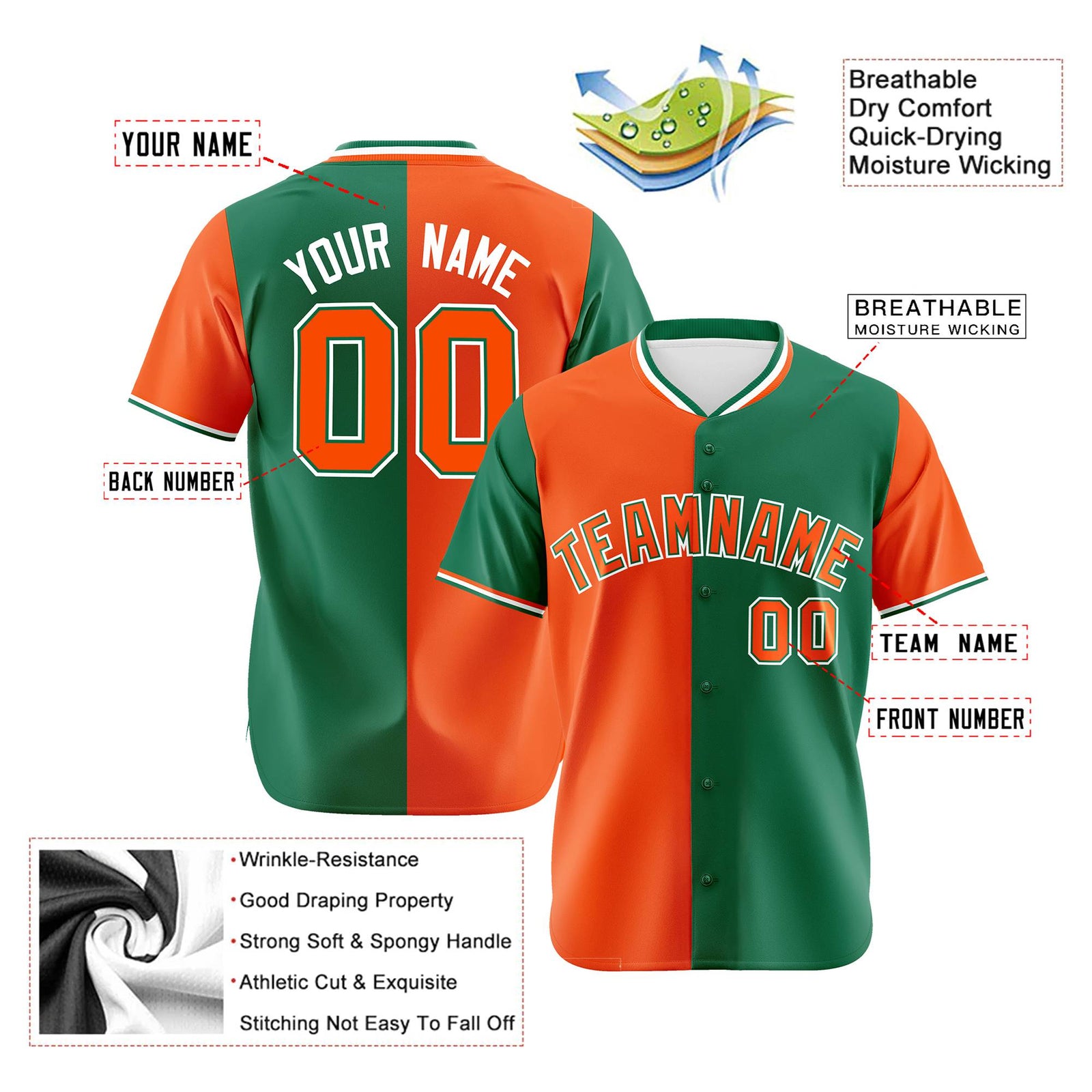 Custom Orange Kelly Green Authentic Split Fashion Baseball Jersey