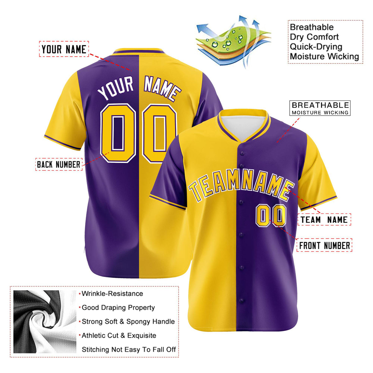 Custom Gold Purple Authentic Split Fashion Baseball Jersey