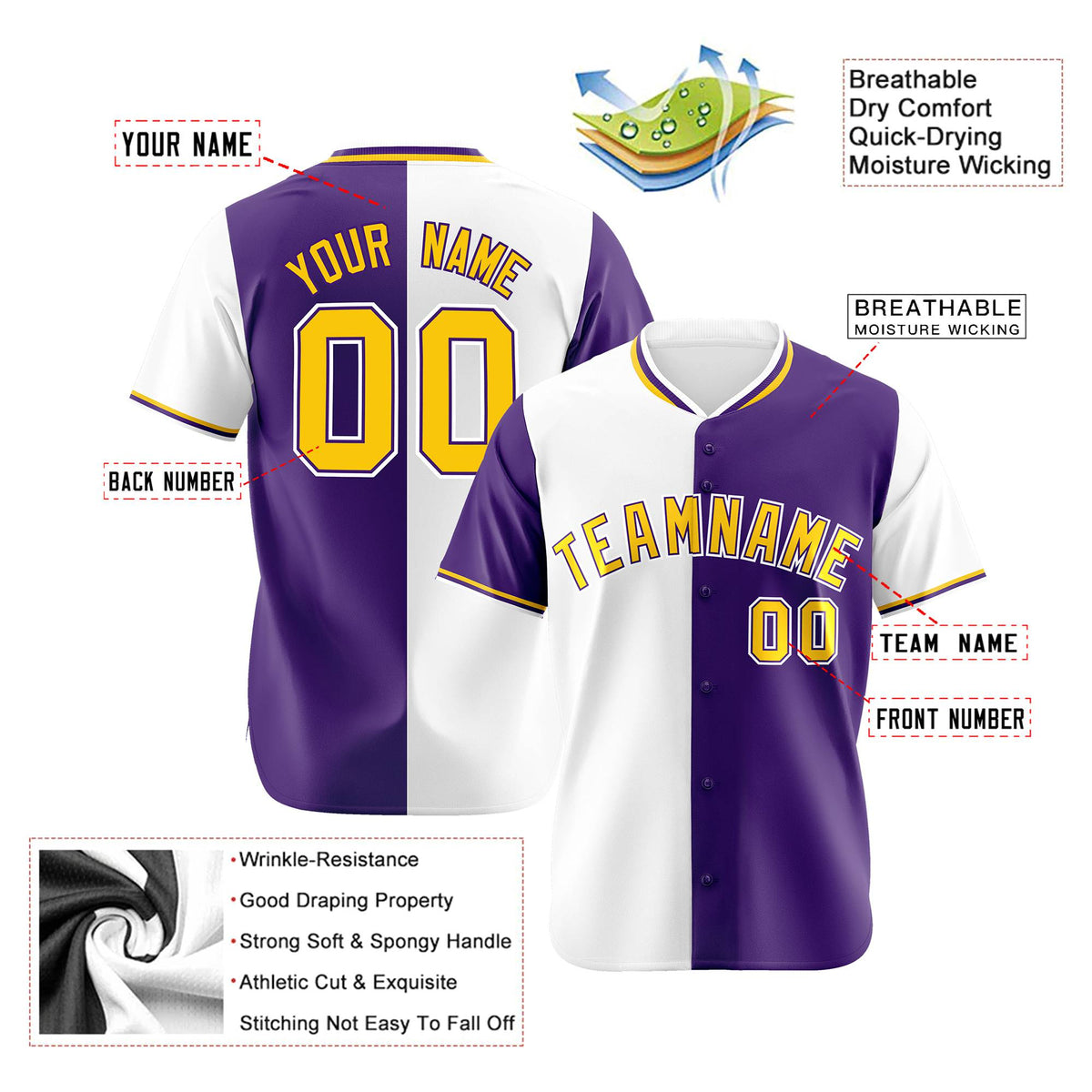 Custom White Purple Authentic Split Fashion Baseball Jersey