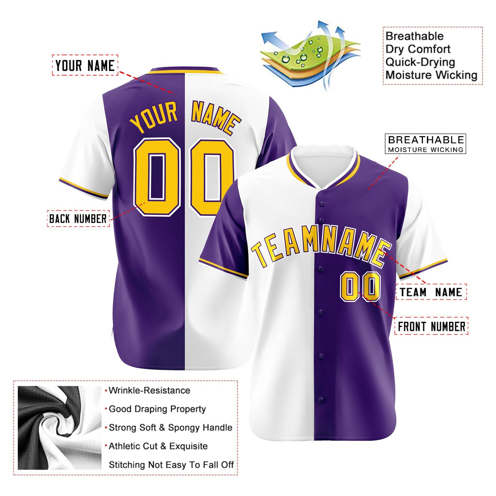 Custom White Purple Authentic Split Fashion Baseball Jersey