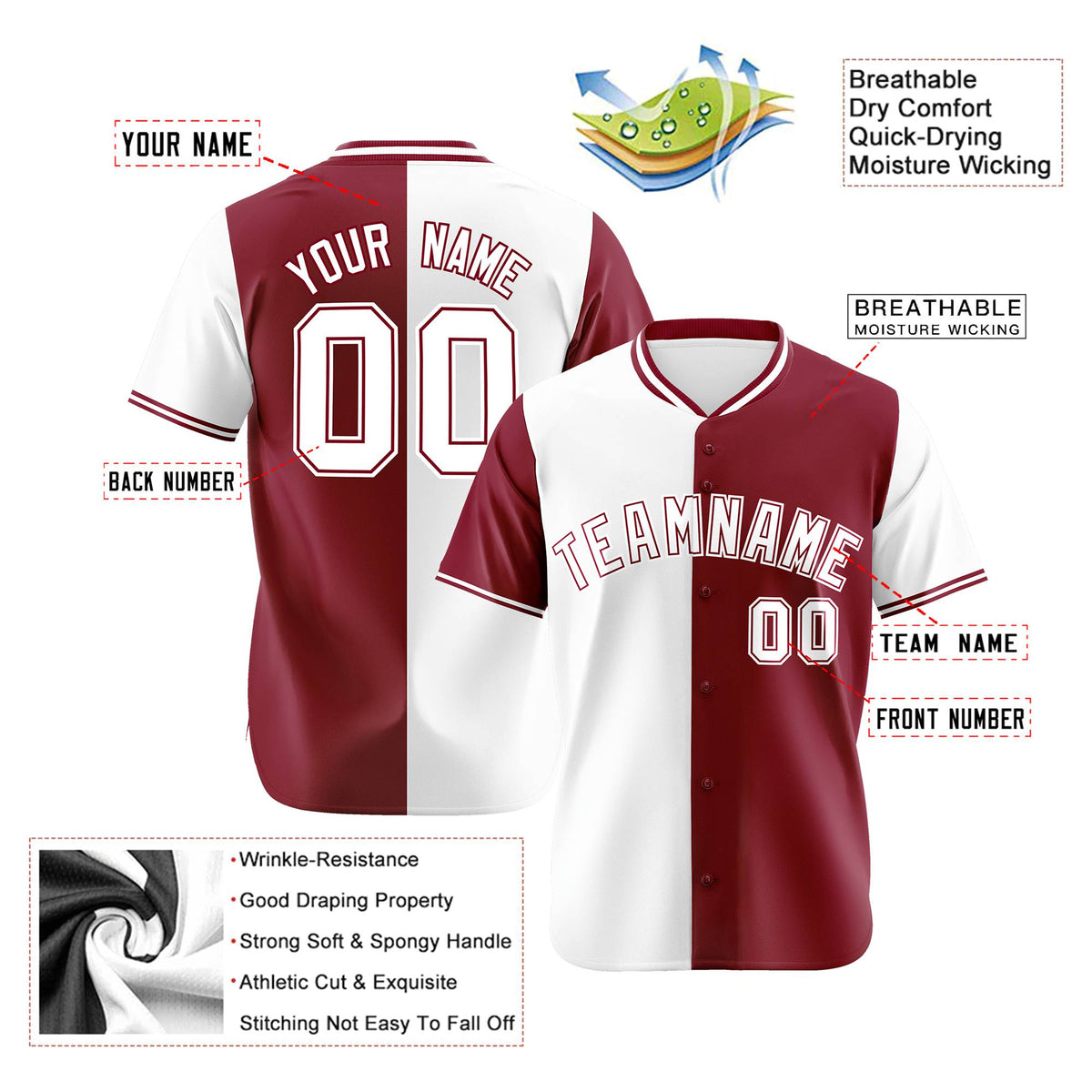Custom White Crimson Authentic Split Fashion Baseball Jersey