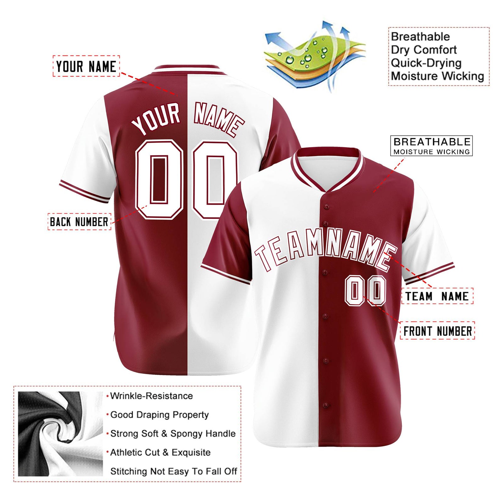 Custom White Crimson Authentic Split Fashion Baseball Jersey