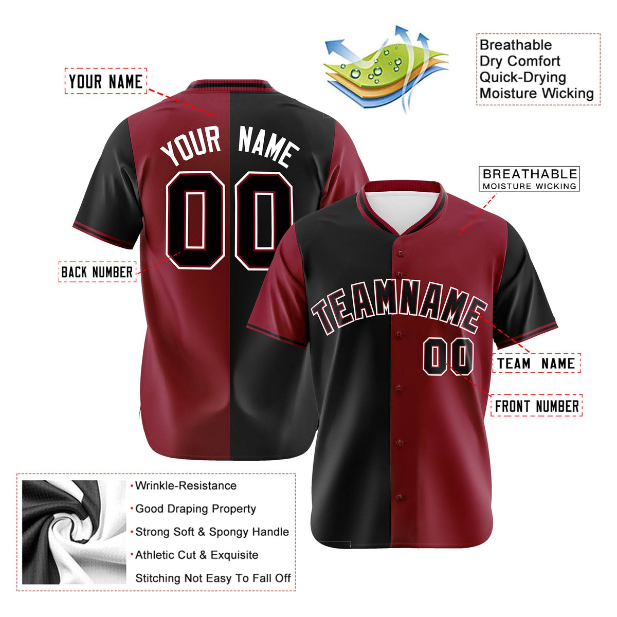 Custom Black Crimson Authentic Split Fashion Baseball Jersey