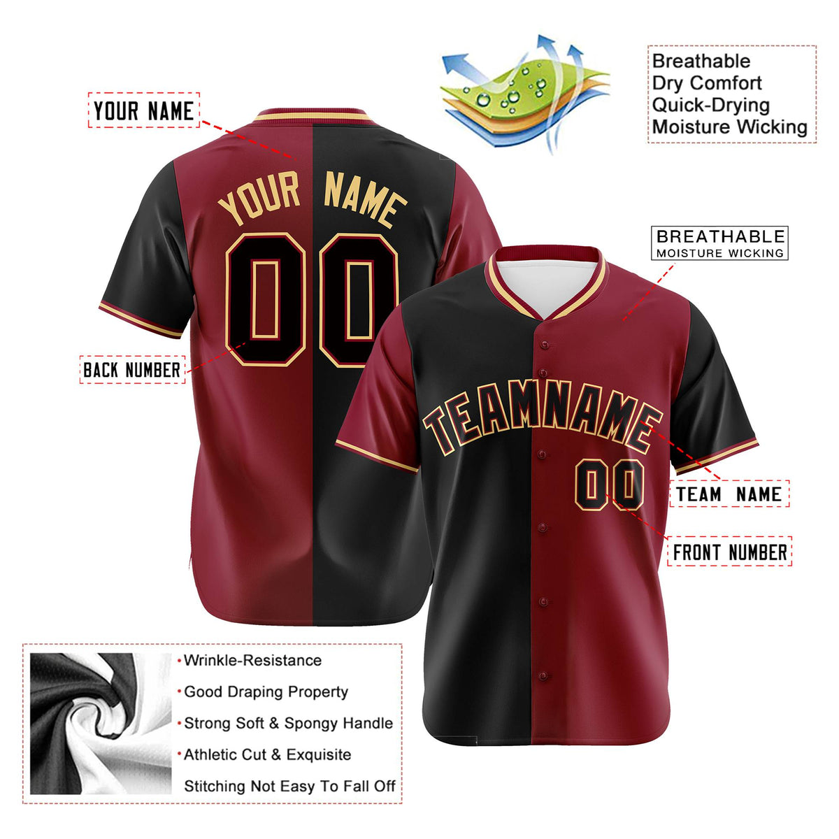 Custom Black Crimson Authentic Split Fashion Baseball Jersey