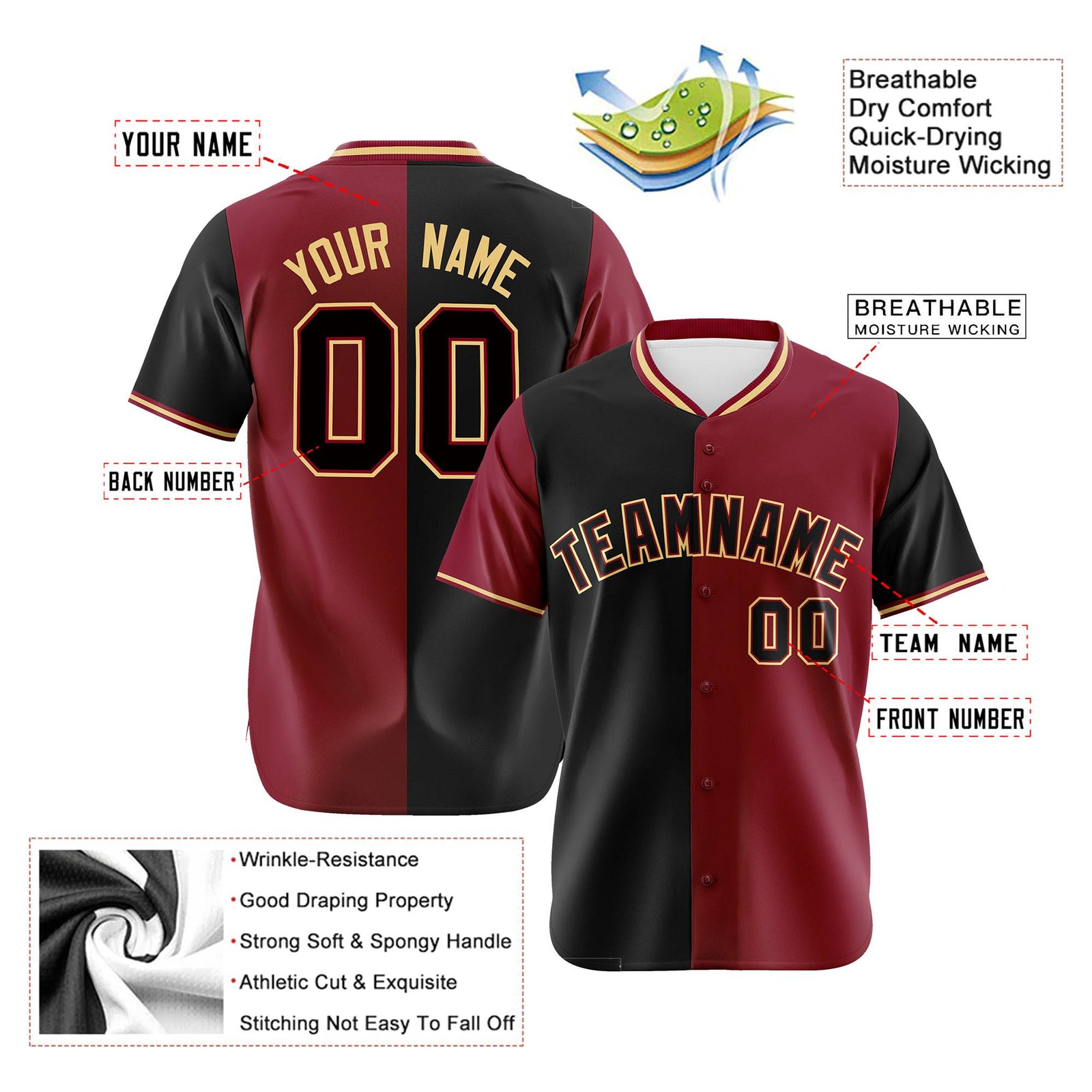 Custom Black Crimson Authentic Split Fashion Baseball Jersey