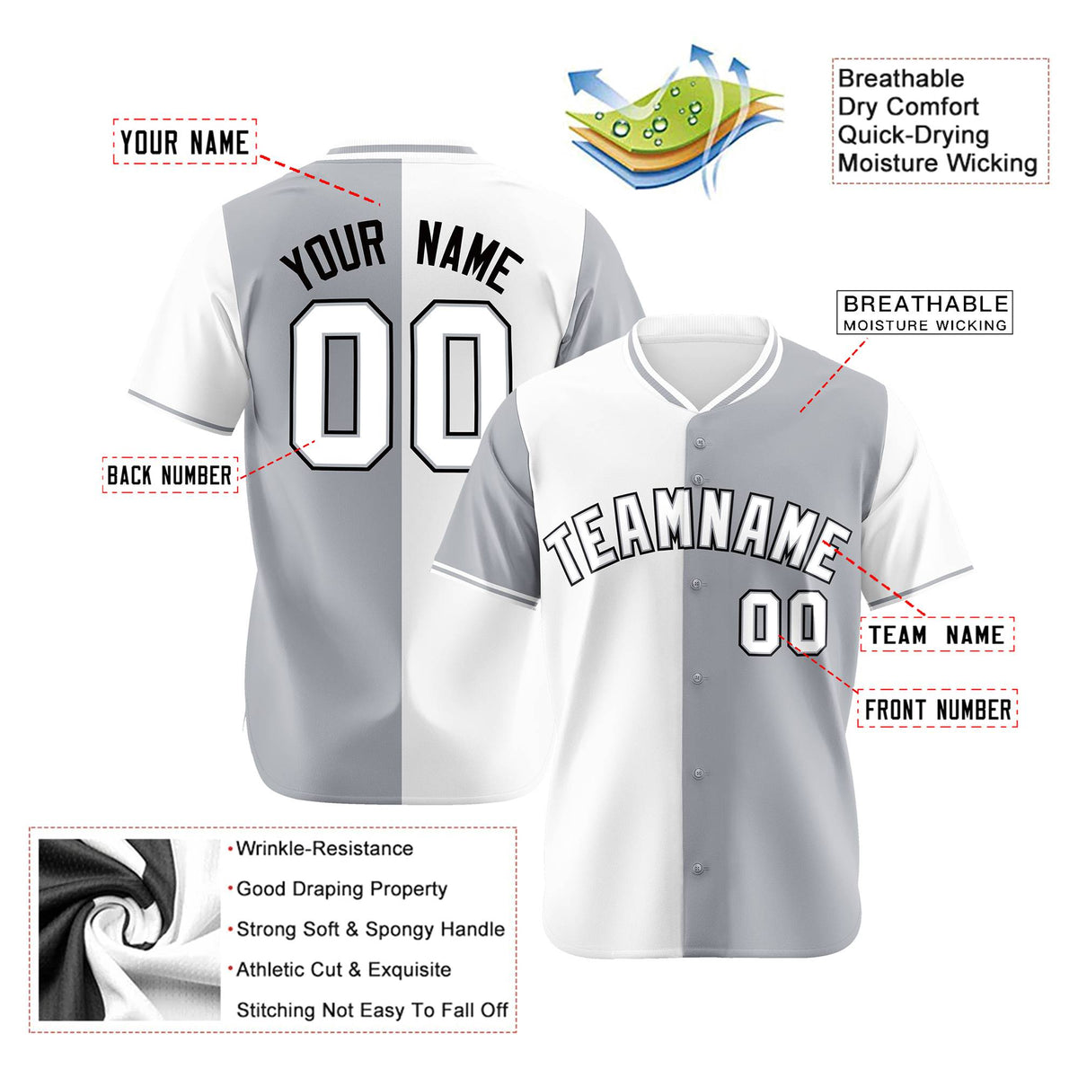Custom White Gray Authentic Split Fashion Baseball Jersey