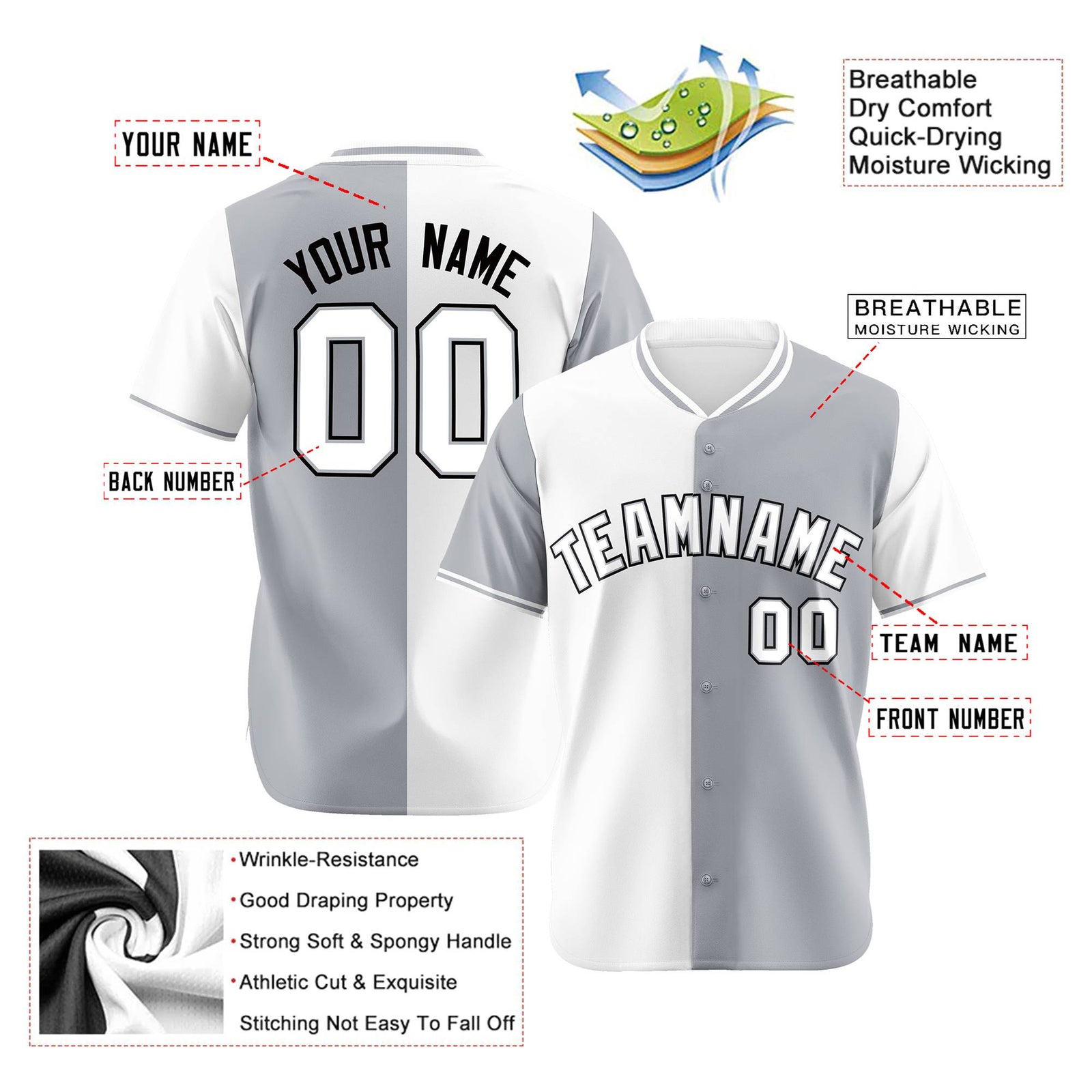Custom White Gray Authentic Split Fashion Baseball Jersey