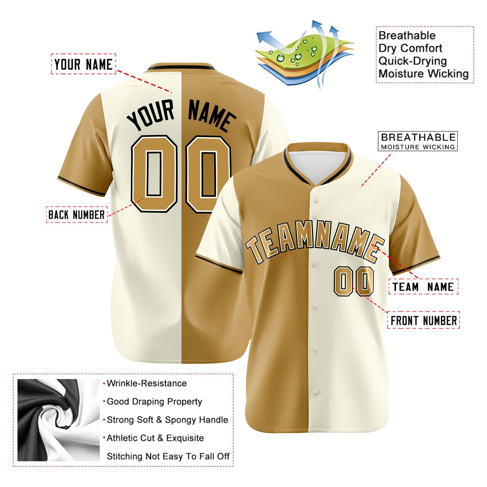 Custom Old Gold Cream Authentic Split Fashion Baseball Jersey