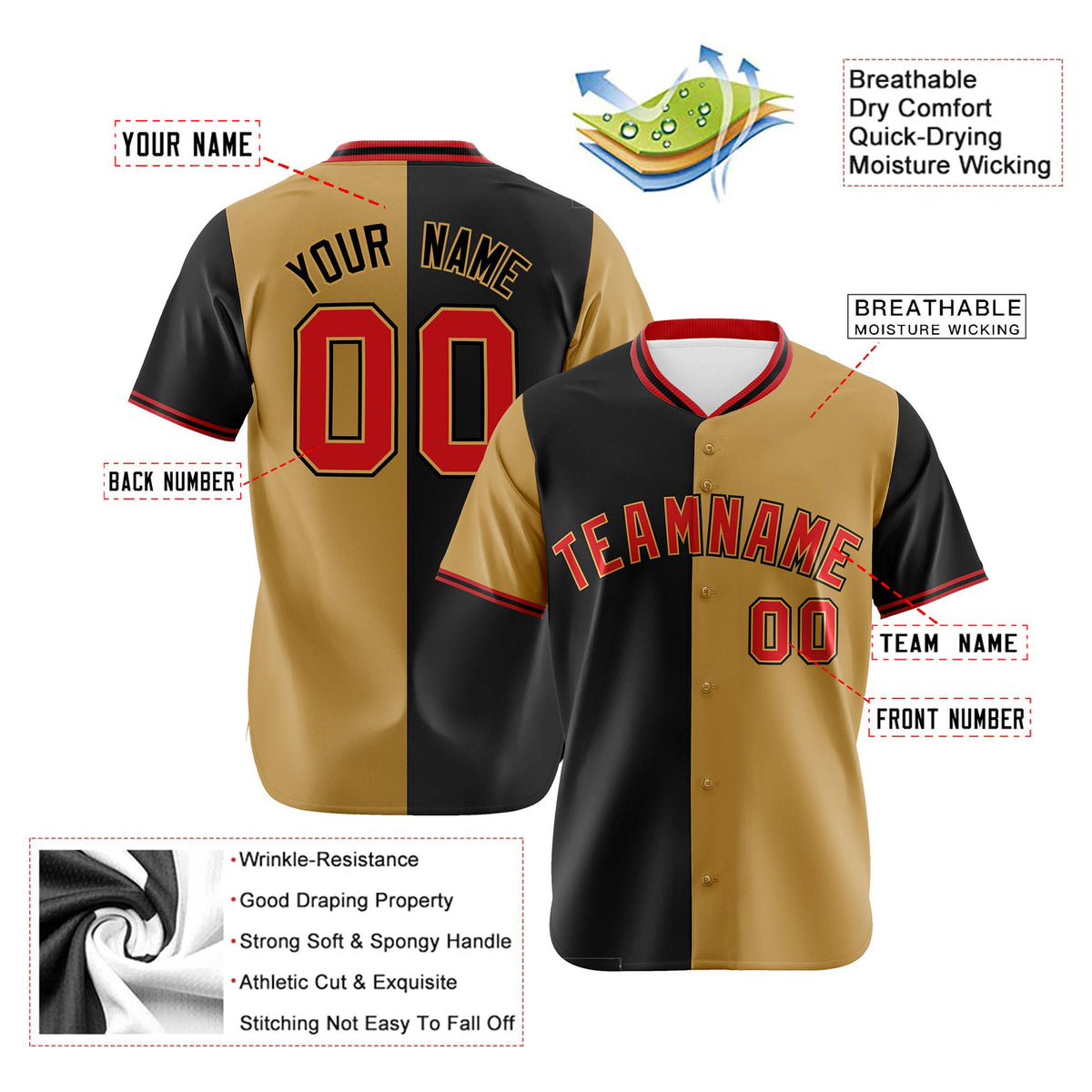 Custom Black Old Gold-Red Authentic Split Fashion Baseball Jersey