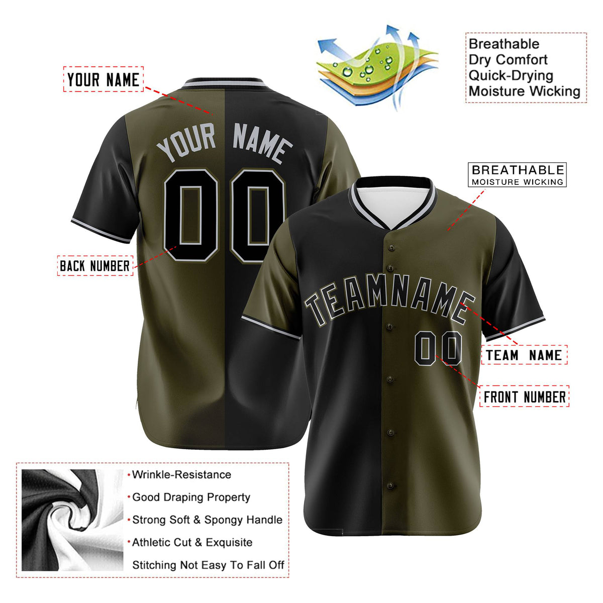 Custom Black Olive Authentic Split Fashion Baseball Jersey