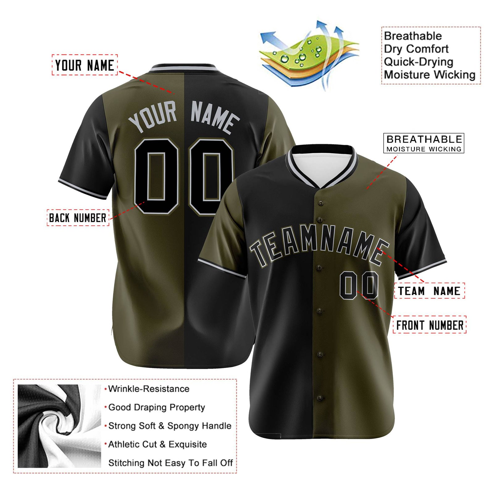 Custom Black Olive Authentic Split Fashion Baseball Jersey
