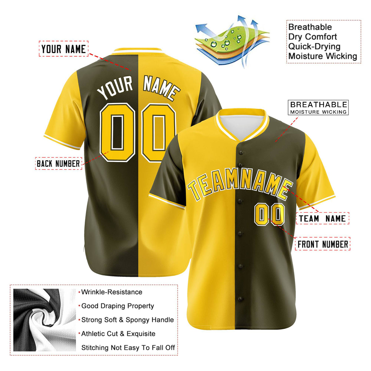 Custom Gold Olive Authentic Split Fashion Baseball Jersey
