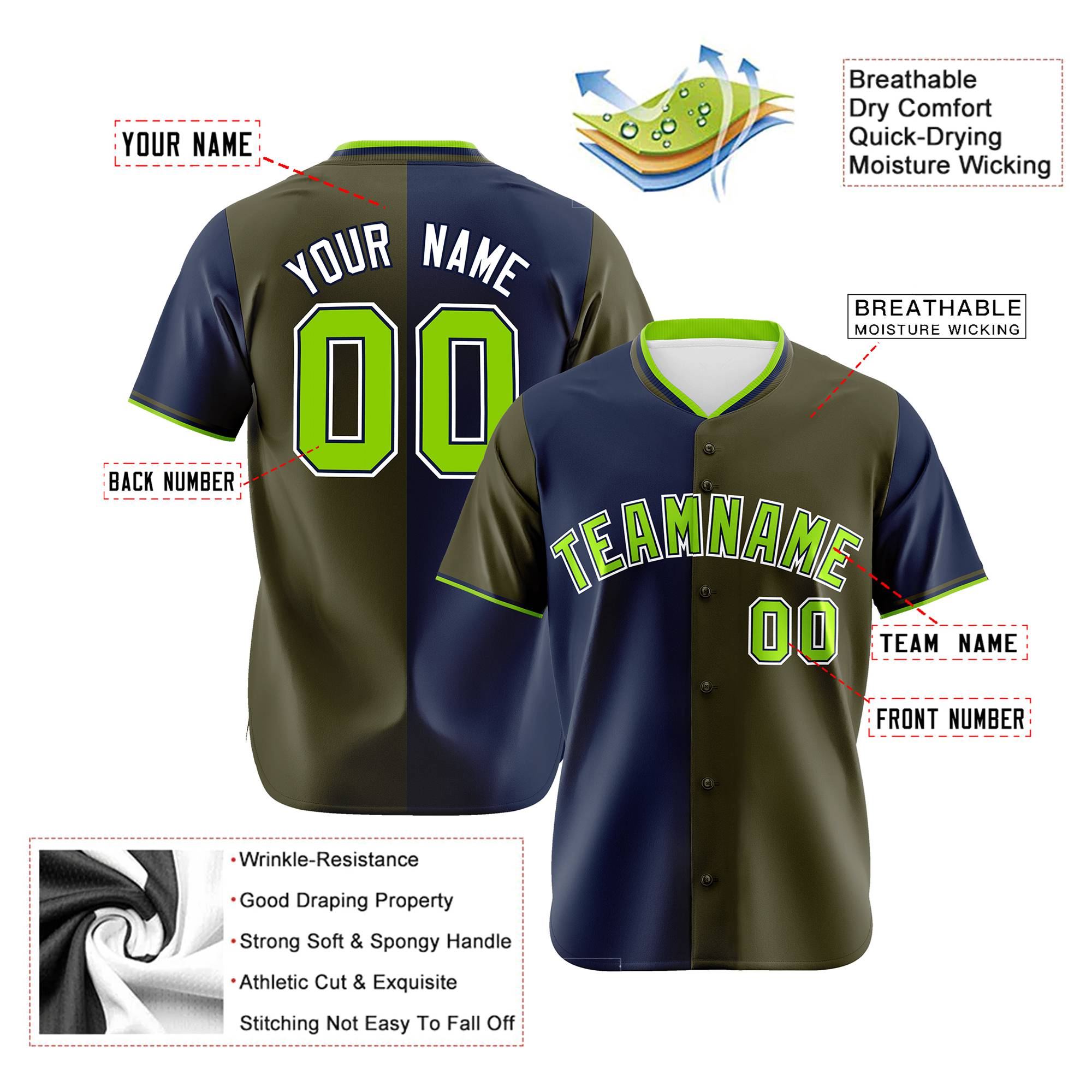 Custom Navy Olive Authentic Split Fashion Baseball Jersey