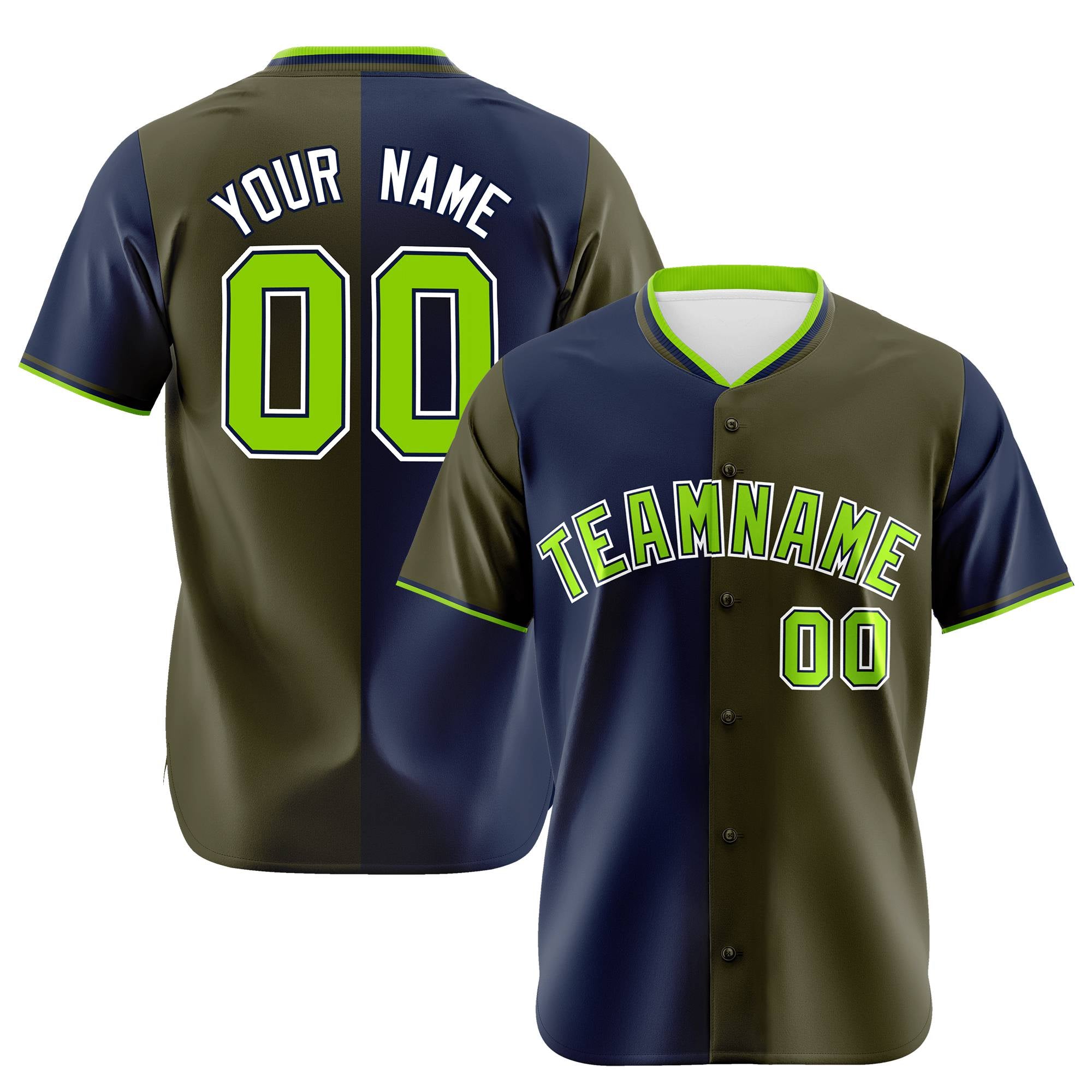 Custom Navy Olive Authentic Split Fashion Baseball Jersey