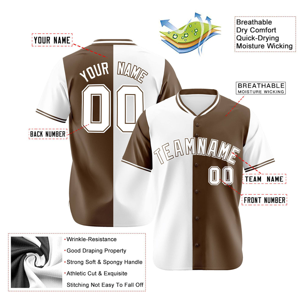 Custom White Light Brown Authentic Split Fashion Baseball Jersey