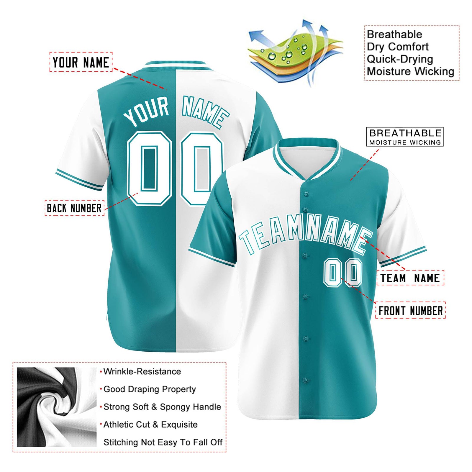 Custom White Aqua Authentic Split Fashion Baseball Jersey