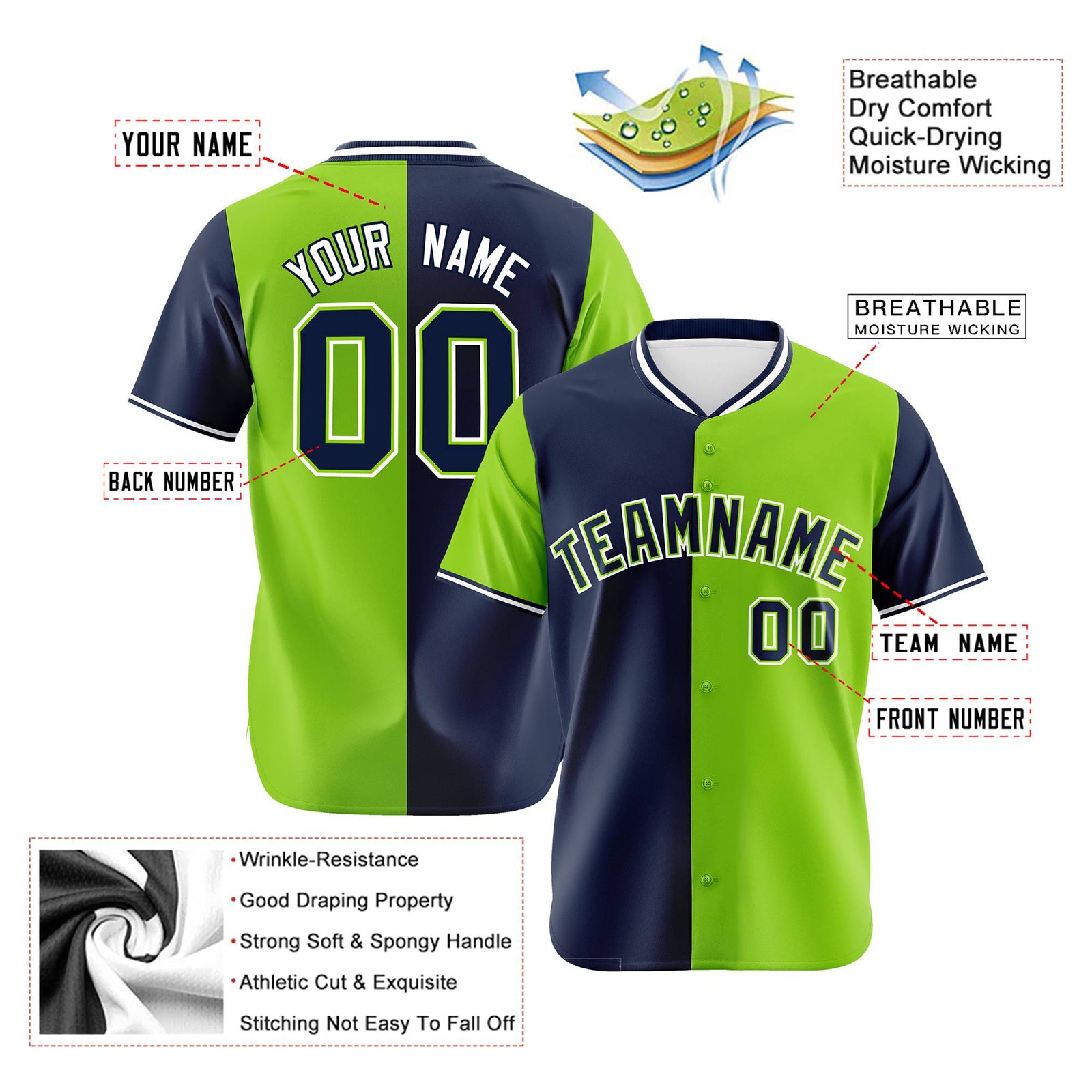 Custom Navy Neon Green Authentic Split Fashion Baseball Jersey