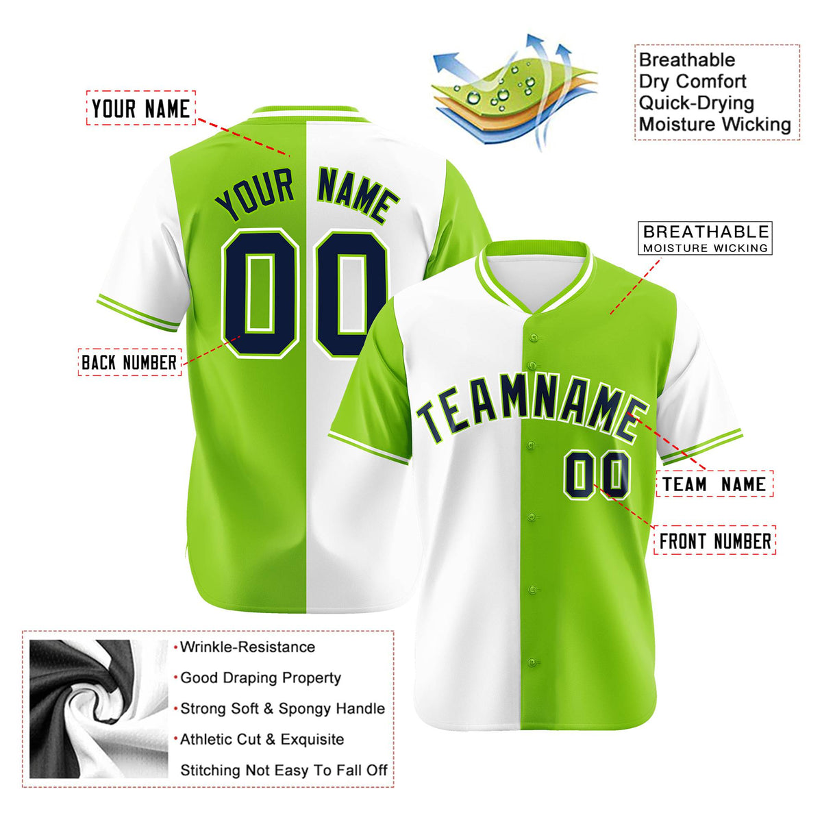 Custom White Neon Green Authentic Split Fashion Baseball Jersey