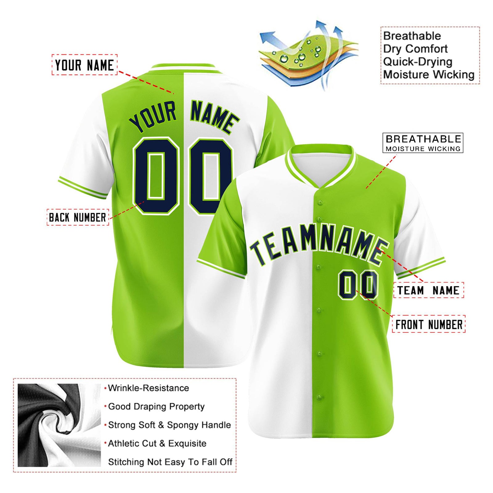 Custom White Neon Green Authentic Split Fashion Baseball Jersey