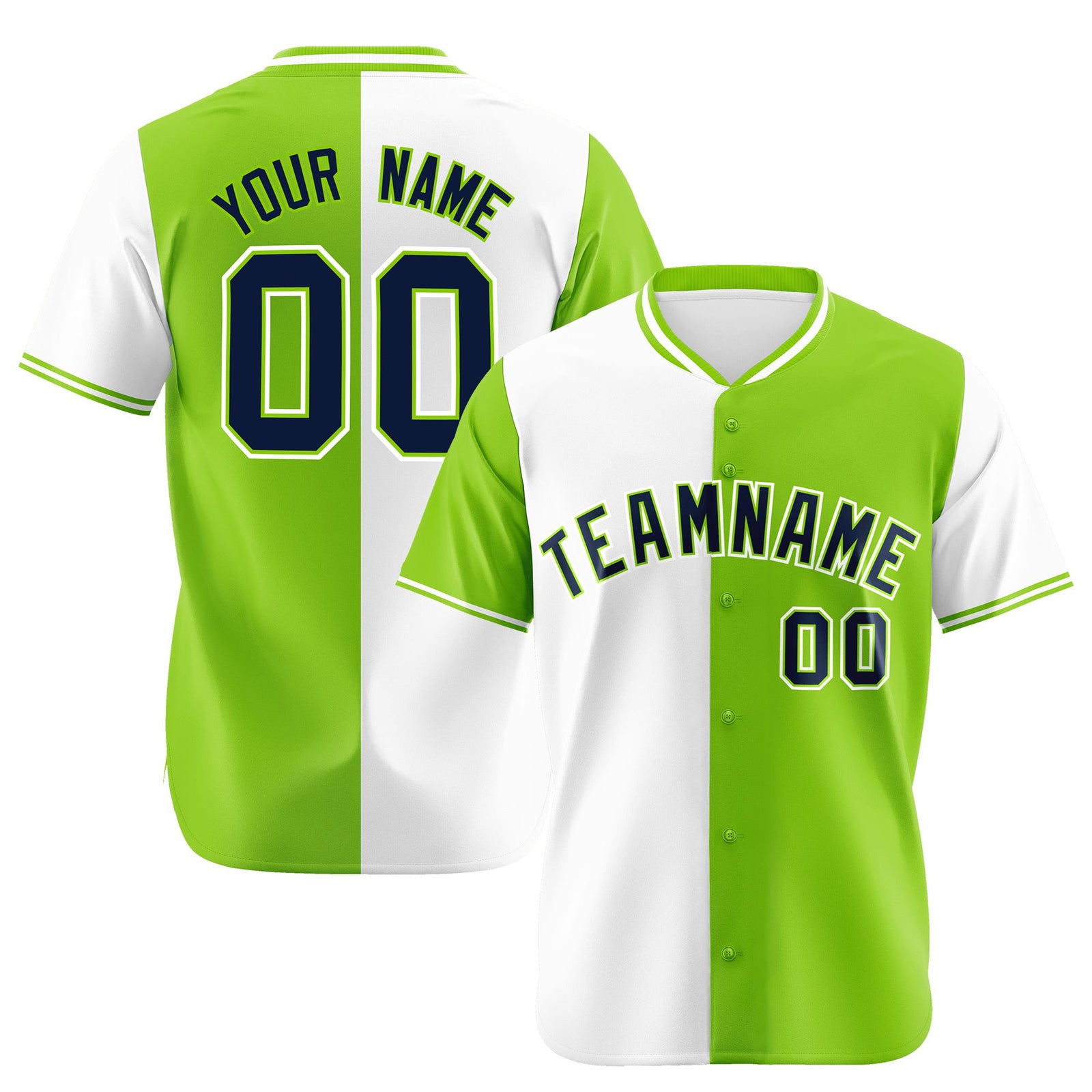 Custom White Neon Green Authentic Split Fashion Baseball Jersey