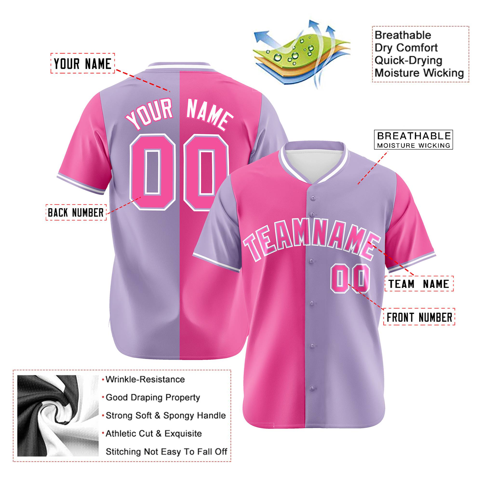 Custom Pink Light Purple Authentic Split Fashion Baseball Jersey