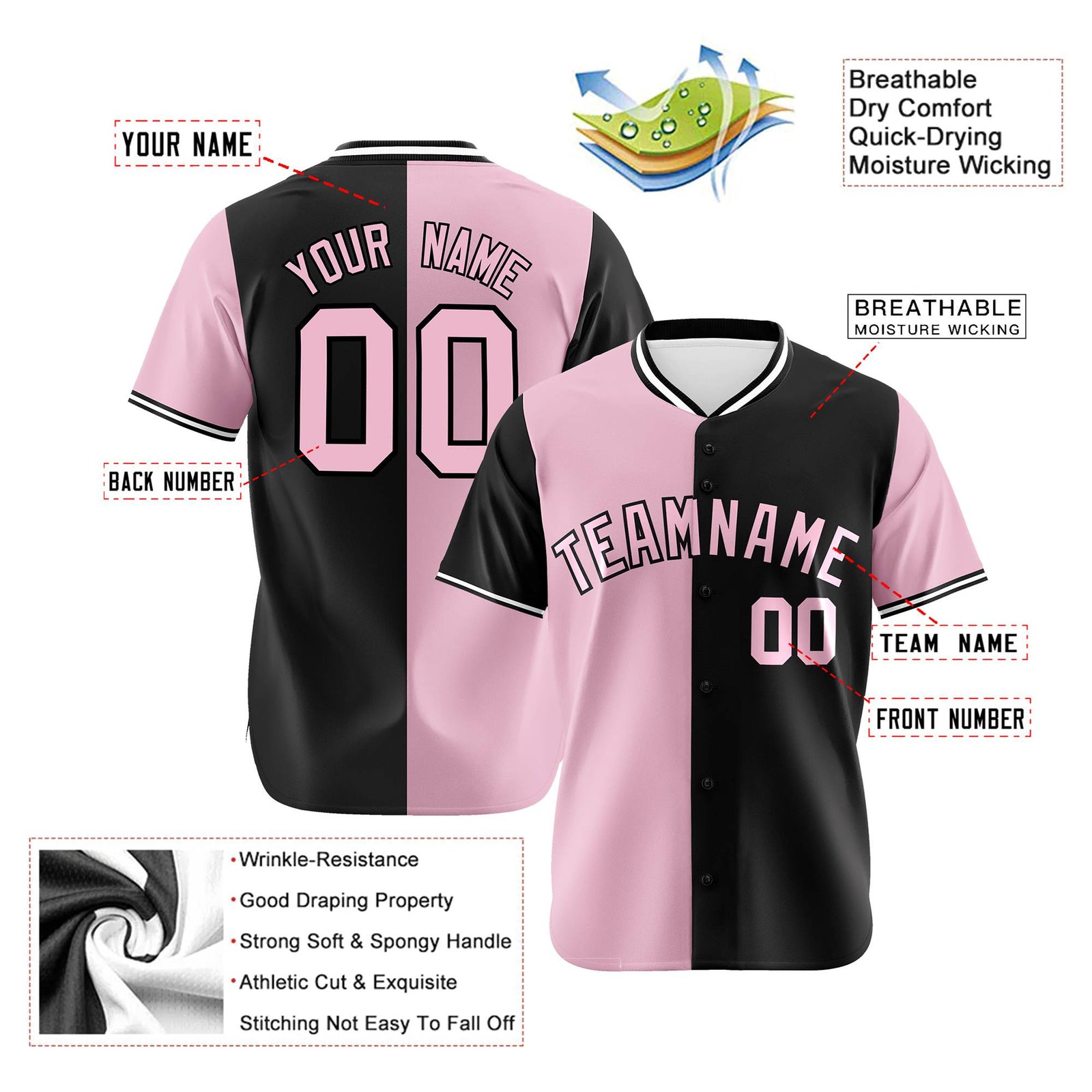 Custom Light Pink Black Authentic Split Fashion Baseball Jersey
