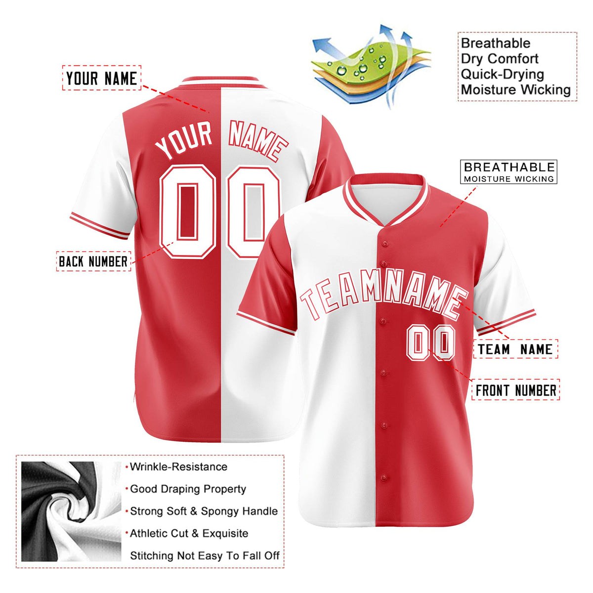 Custom White Light Red Authentic Split Fashion Baseball Jersey