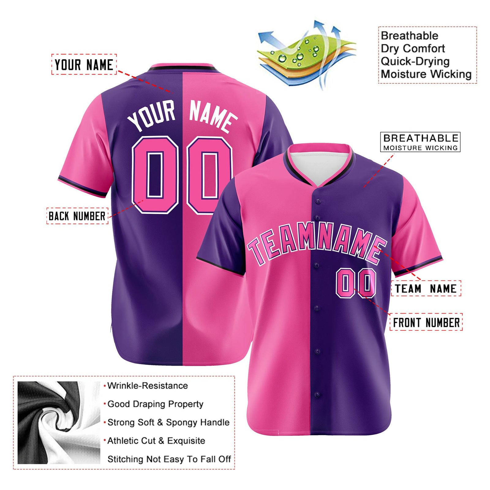 Custom Pink Purple Authentic Split Fashion Baseball Jersey